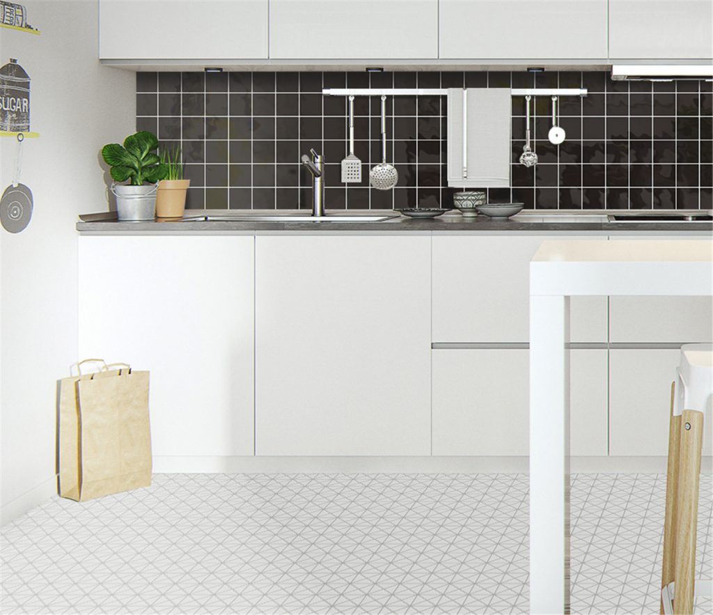 white triangle backsplash tile