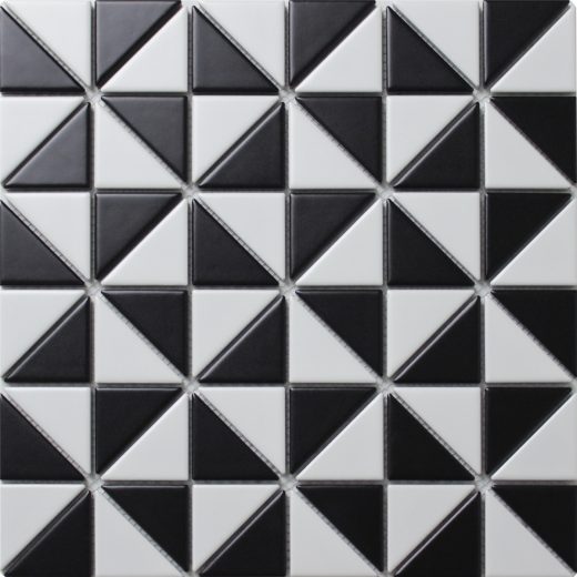 TR2-MW-MW-B_3 matte black white windmill pattern triangle mosaic tiles