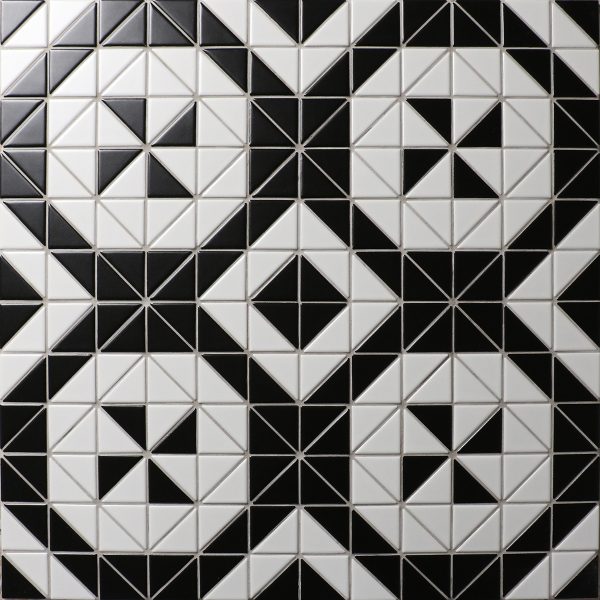Windmill Series 2'' Matte Black White Triangle Triangle Tiles, Porcelain Floor Tiles