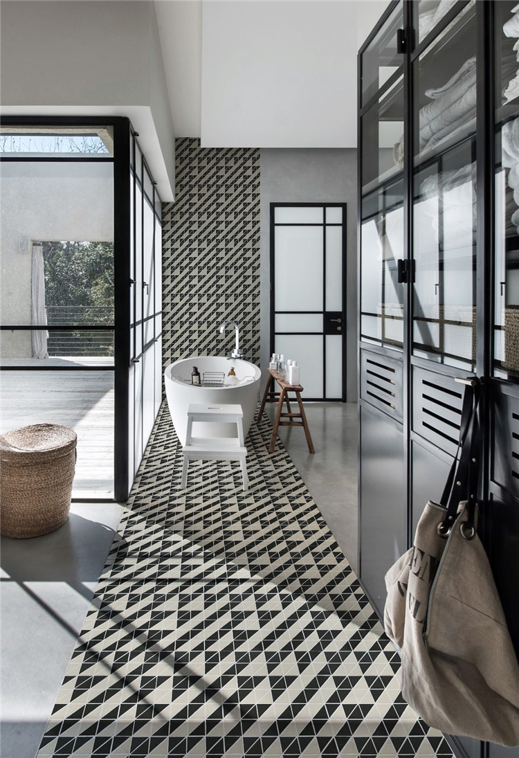 A Panorama Visual Effect, geometric artistic tile bathroom design