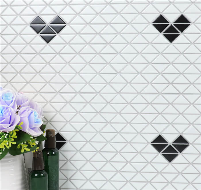 TR1-SH-MW-B black white heart pattern triangle mosaic tile