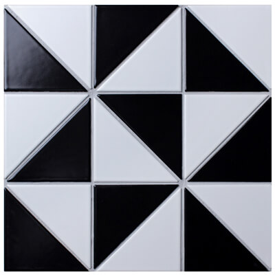 4 inch windmill pattern black white matte geometric tile design