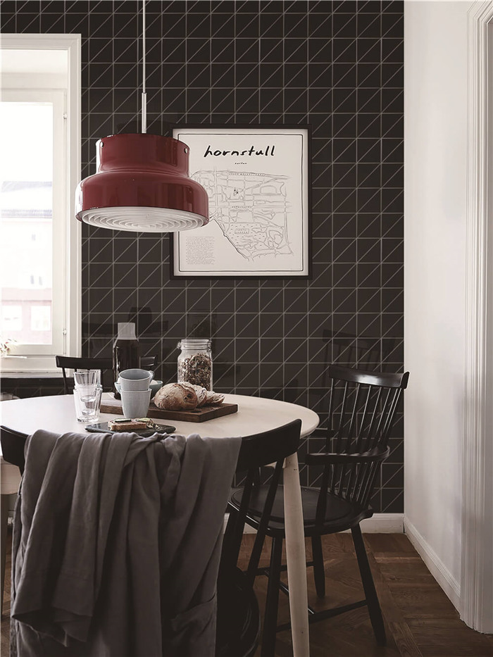Glossy black triangle tiled kitchen wall decor