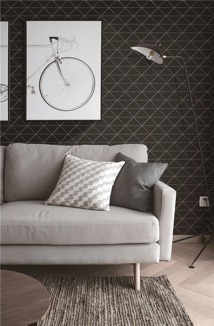 Glossy black triangle tiled living room wall decor