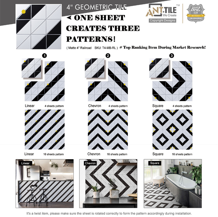 4” Railroad Pattern Black White Matte Porcelain Geometric Tile