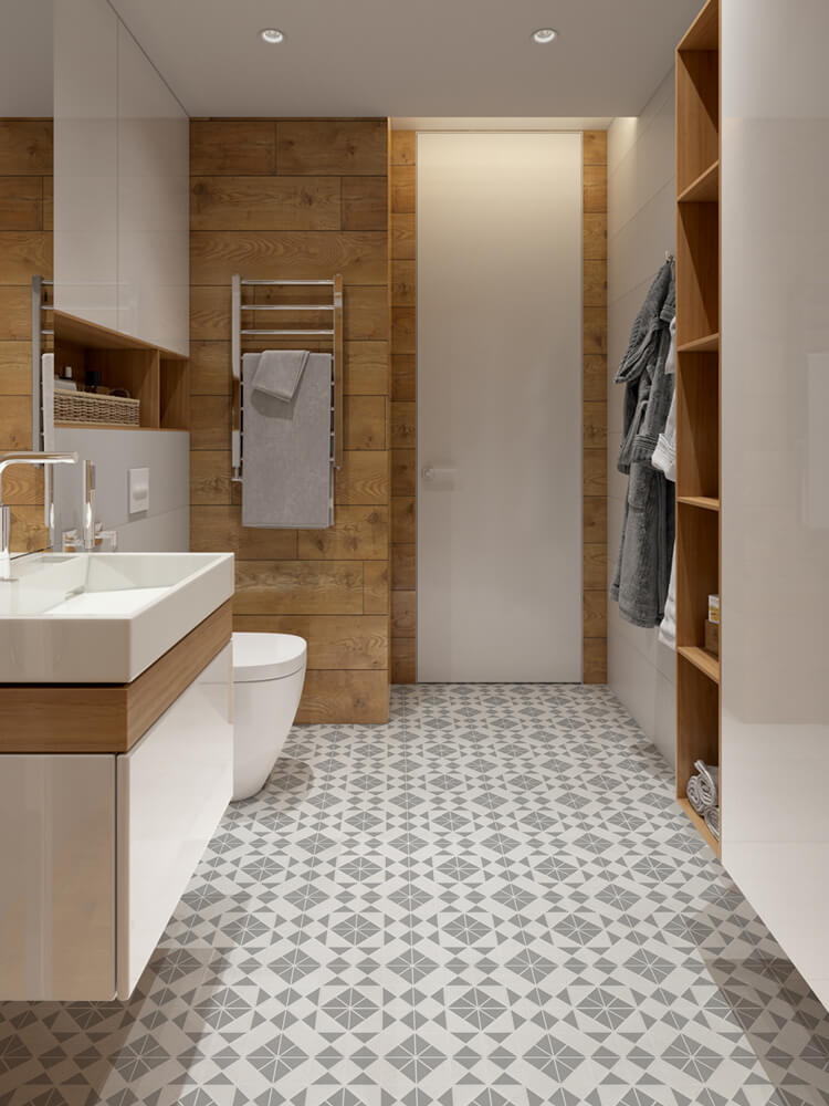 Bathroom floor decor with artistic geometric tile mosaics