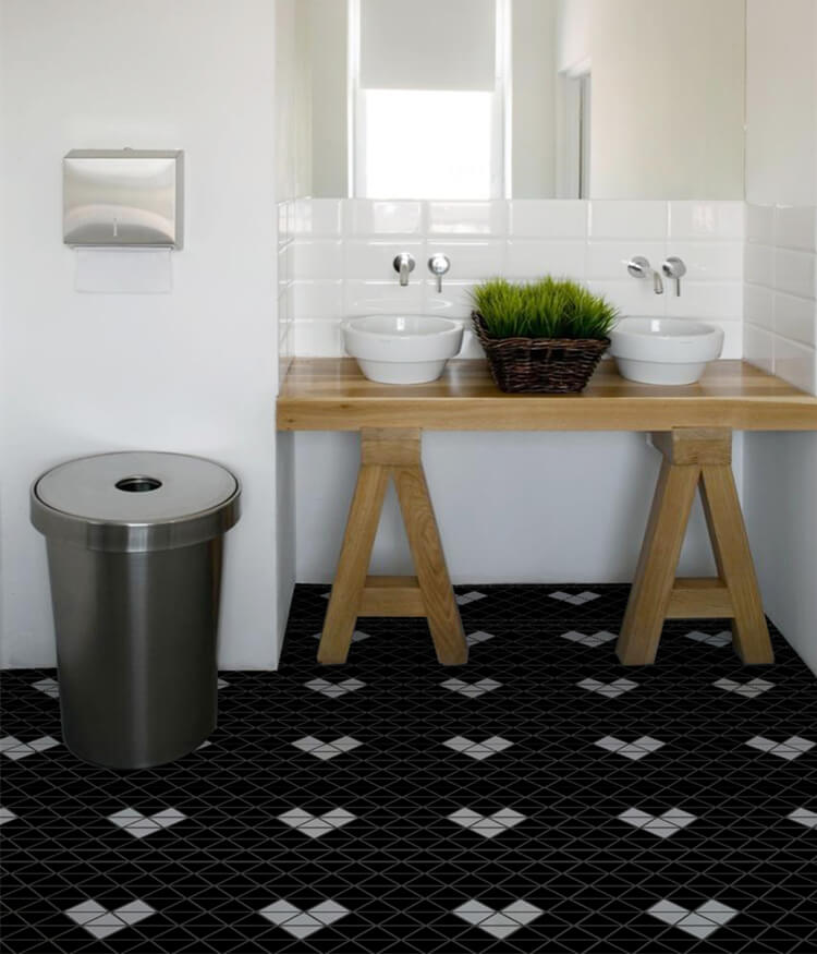 Bathroom floor decor with black white heart pattern geometric tile for sale