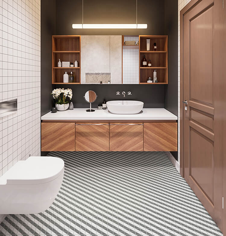 Bathroom floor decor with diagonal geometric mosaic tiles for sale