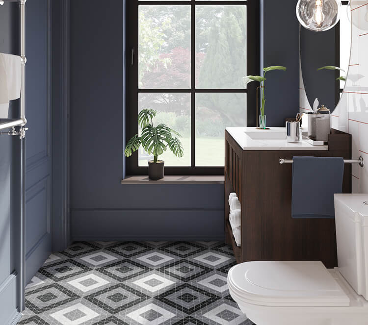 Bathroom floor decor with twist square geometric shaped tiles