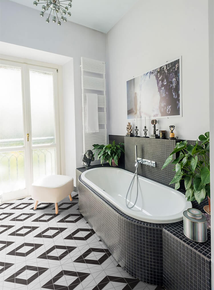 Bathroom floor decor with twist square geometric tile patterns