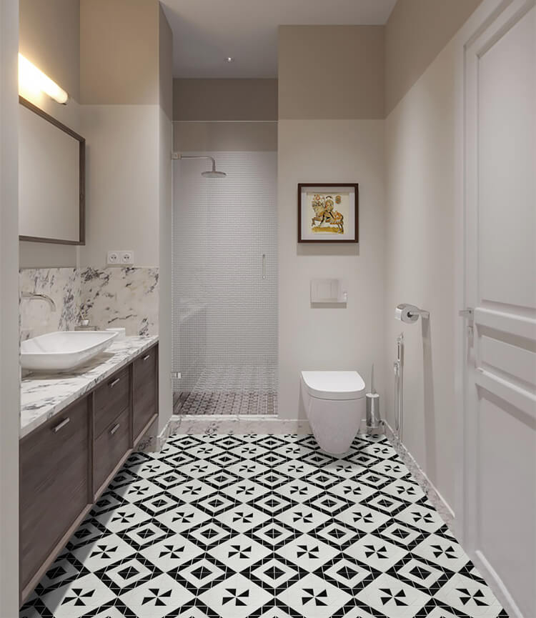 Bathroom floor decor with windmill pattern geometric tile design