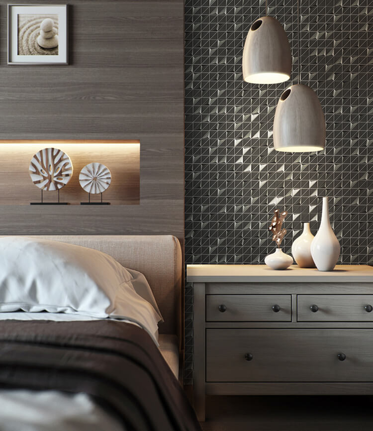 Wood cladding with 3d glass mosaic makes freshness to your bedroom