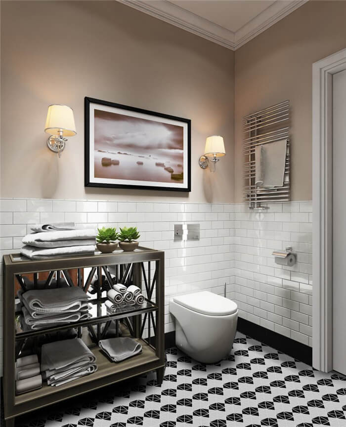 Add highlights to your bathroom floor with black white diamond shaped mosaic tile