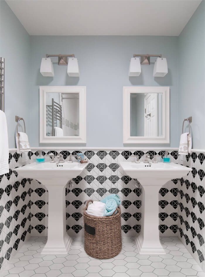 Install a featured wall with black white diamond shaped ceramic tile