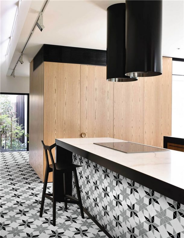 Kitchen Island Design Ideas Tiling Kitchen Island With Geometric Porcelain Tile 610x792 