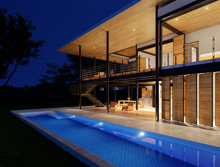 Use dramatic lighting for romantic pool design