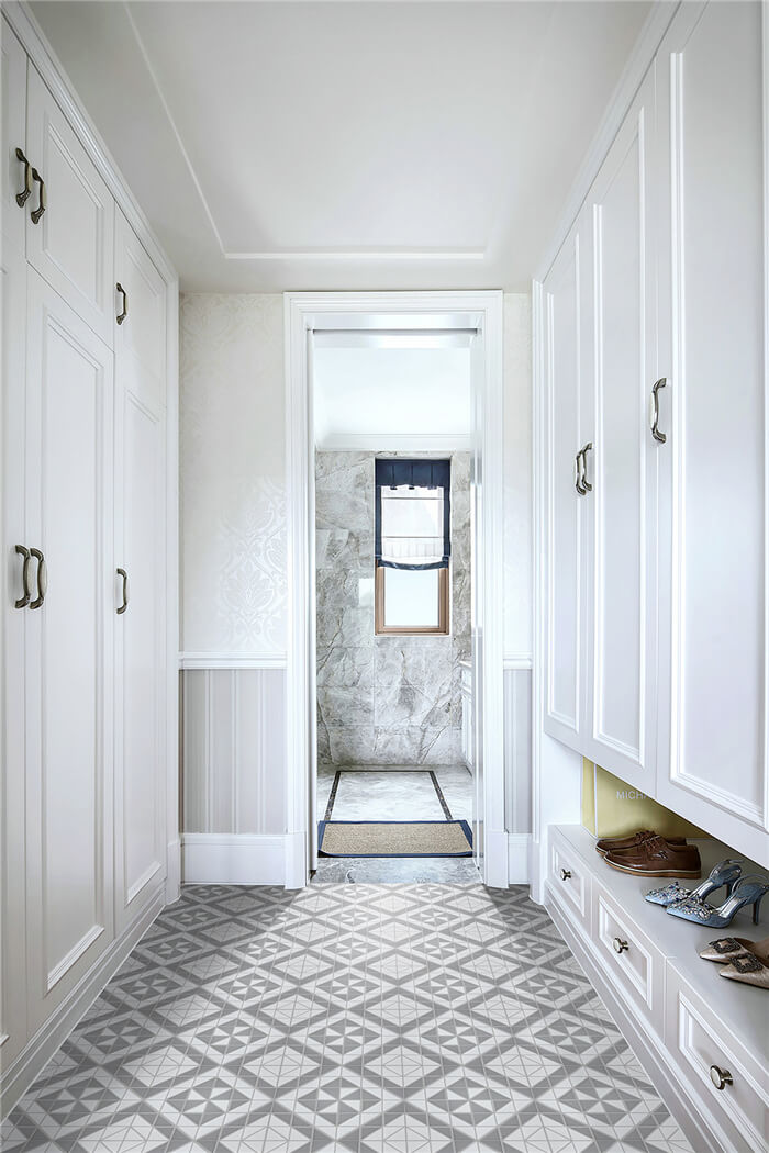 Gray white geometric tile floor for chic decor style