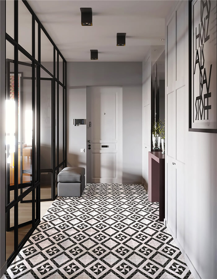 Use bold geometric windmill floor tile to separate home zone