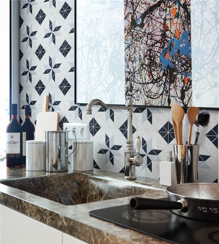 Rock Patterned Geometric Tile In Your Kitchen_artistic kitchen backsplash with blossom pattered tile