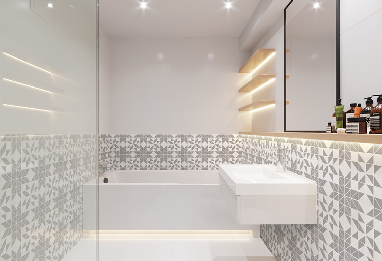 gray white geometric tile pattern for uniform and striking bathroom backsplash