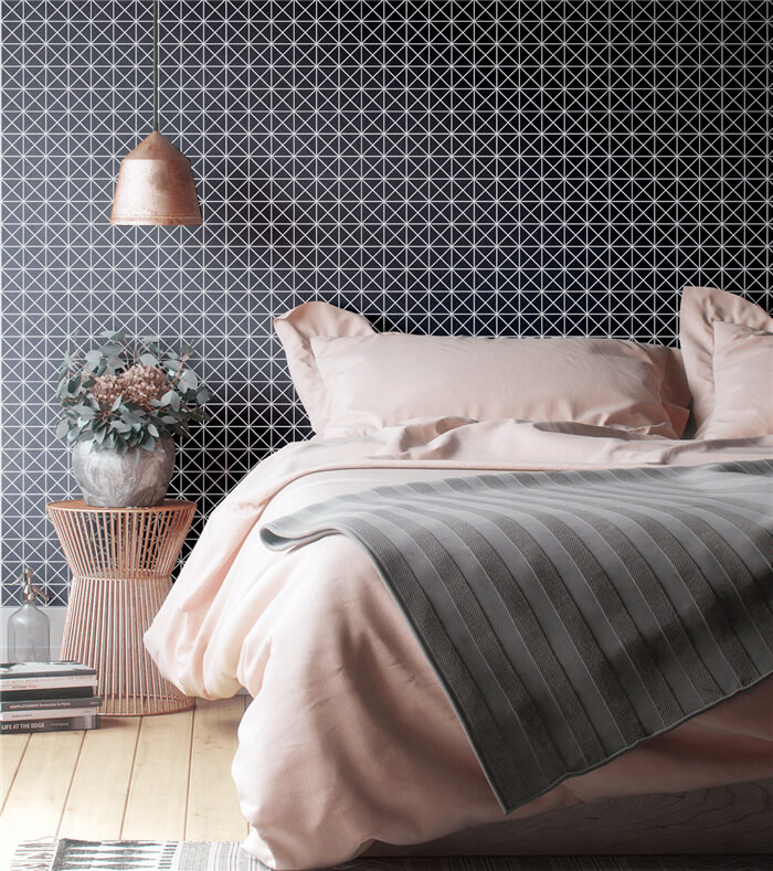 black triangle tile with pink bedding for peaceful lovely bedroom