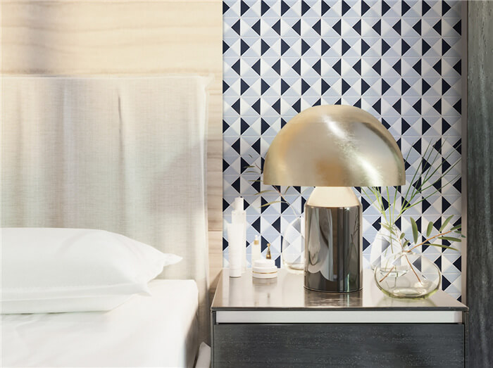 chic bedroom with kaleidoscope blue geometric mosaic tiles patterns