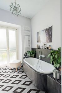 4 inch black and white geometric tiles T4-MB-RL for bath floor