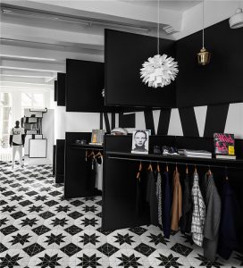 black white floral triangle pattern floor tile TR2-MWB-DD09A