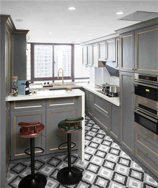 Add depth to small kitchen with gray geometric mosaic patterns floor