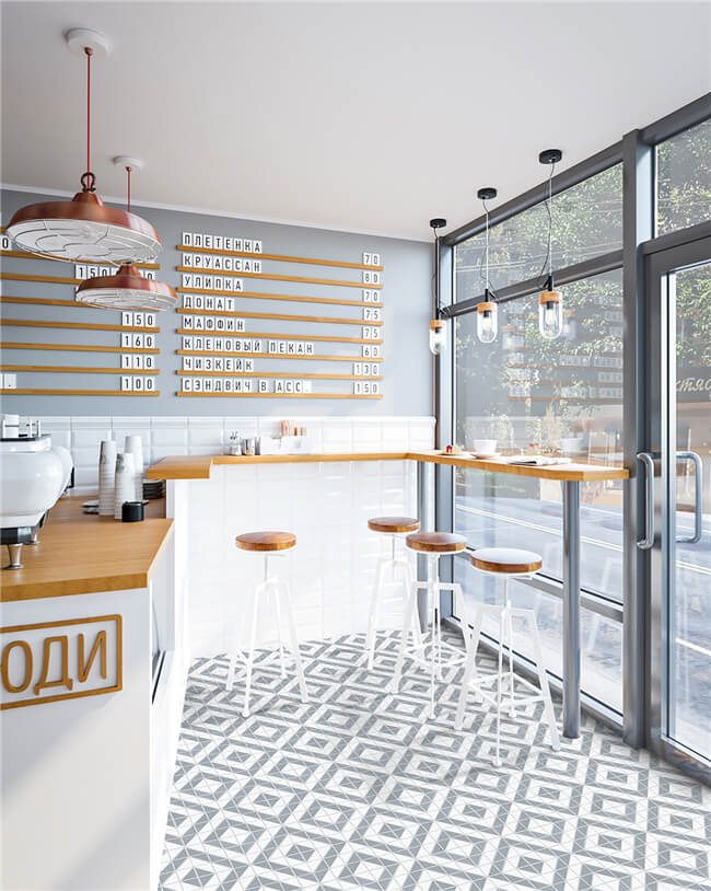 geometric mosaic tile patterns for causal cafe flooring