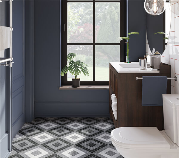 A chic bathroom with dark blue wall painting, 2” classic square geometric tile patterns floor, wooden cabinets
