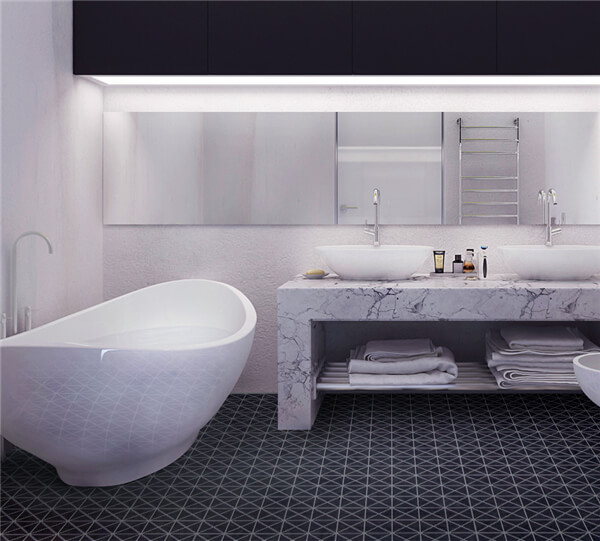 A classic black-white bathroom with white big tub, and 2” anti-slip triangle black mosaic floor tiles