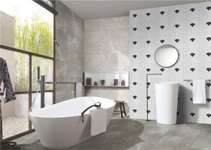 A open shower with big window, deep tub and 2” diamond pattern triangle mosaic tile background